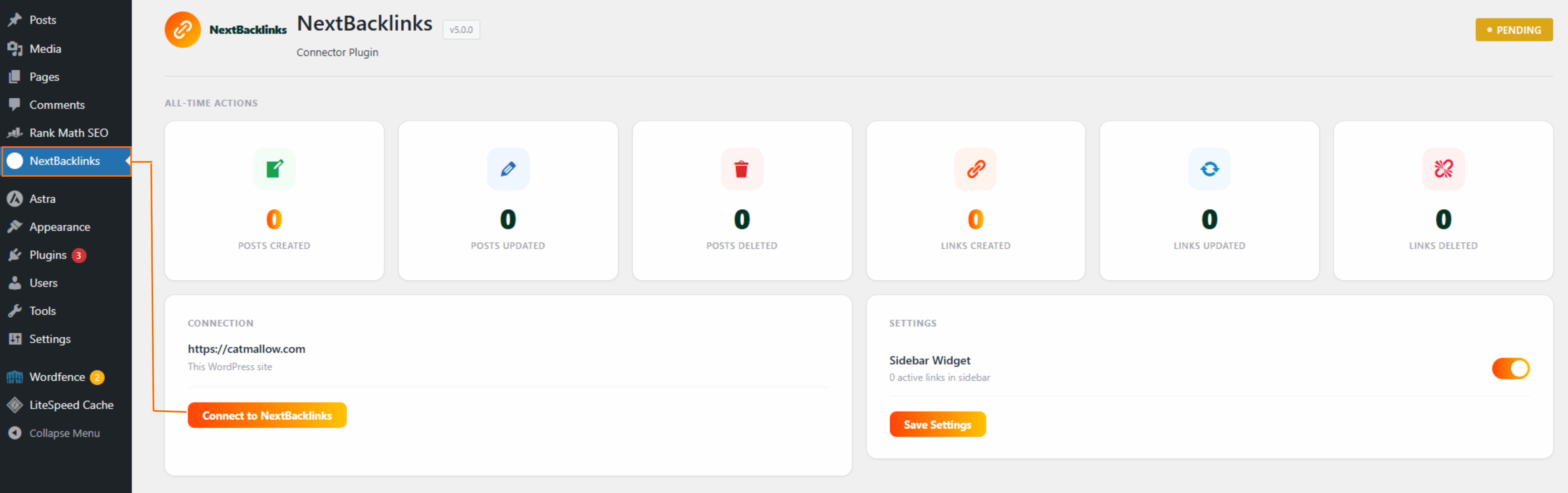 NextBacklinks plugin menu with Connect to NextBacklinks button in WordPress sidebar