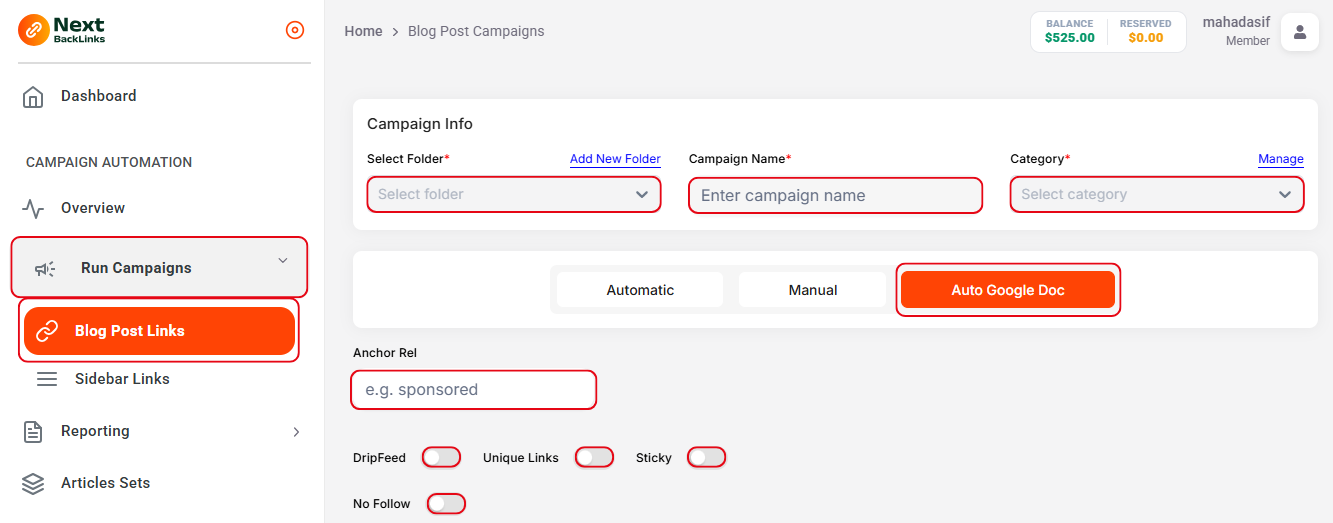 Blog Post Links — Auto Google Doc Mode