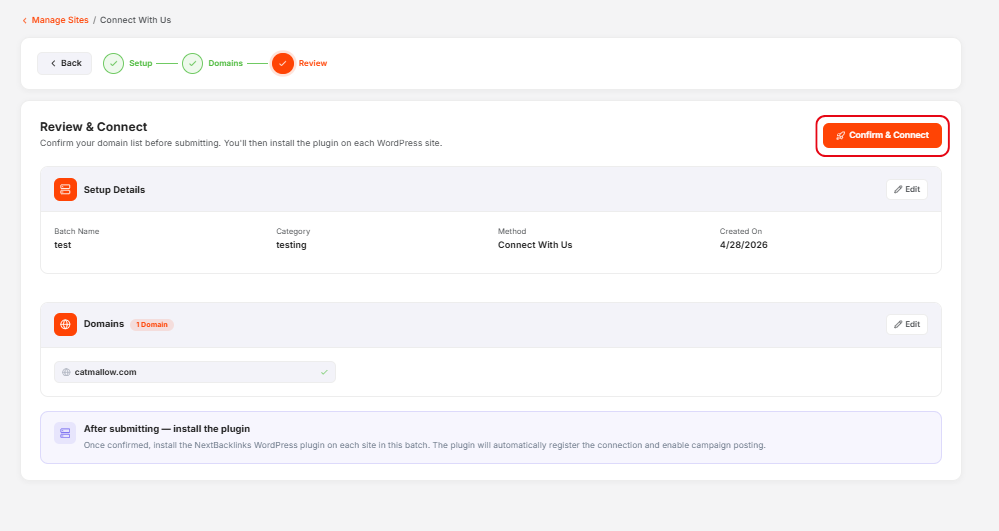 Connect With Us step 3 — deployment confirmation and plugin download