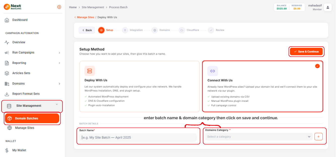 Connect With Us first step — enter batch name and select Connect With Us