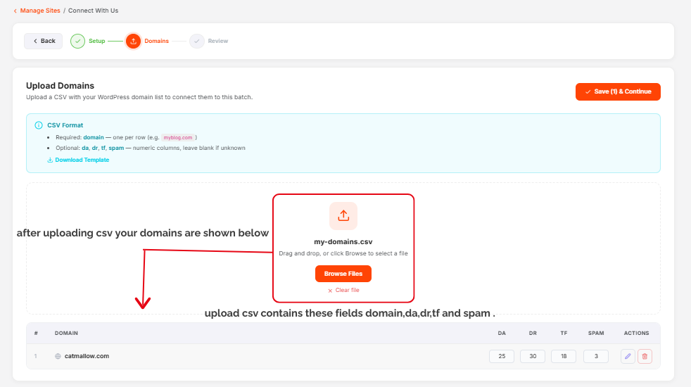 Connect With Us step 2 — upload CSV file with domains