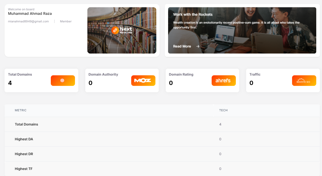 NextBacklinks metrics dashboard screenshot