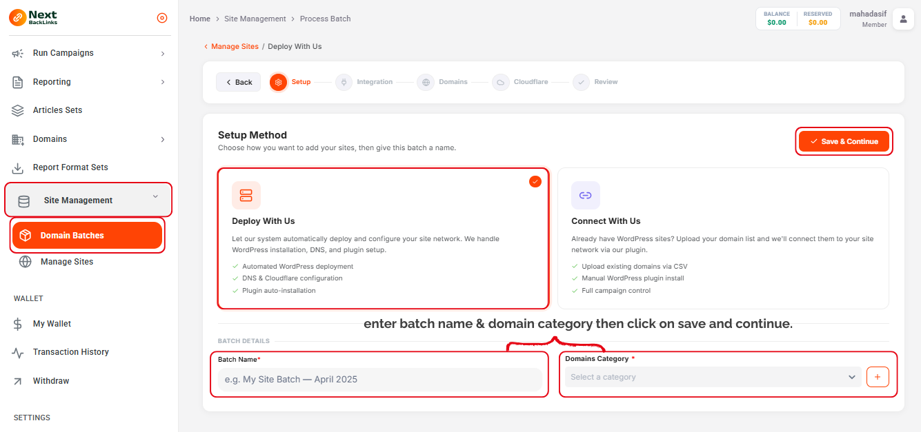 Deploy With Us first step — enter batch name and domain category