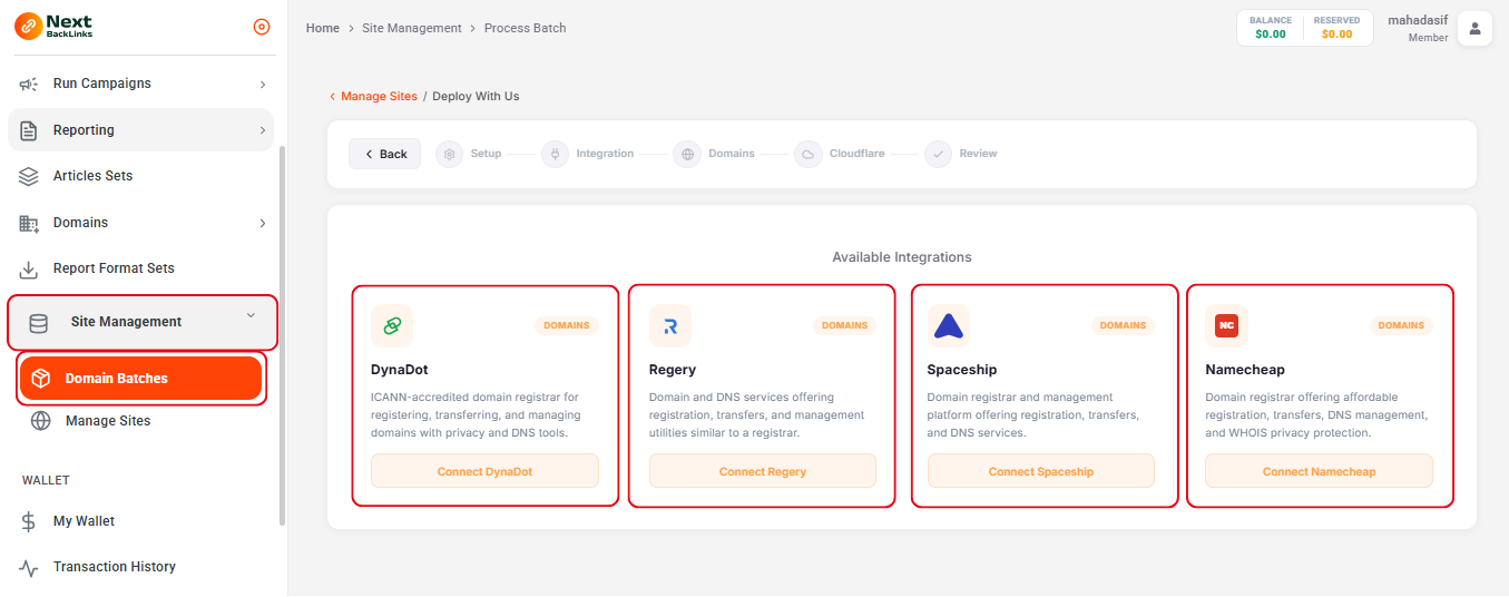 Deploy With Us second step — add domain registrar