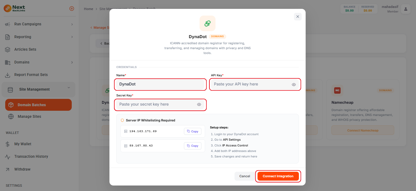 Deploy With Us third step — enter API key and secret key