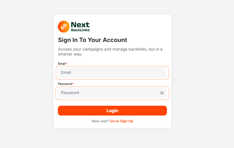 NextBacklinks login screen