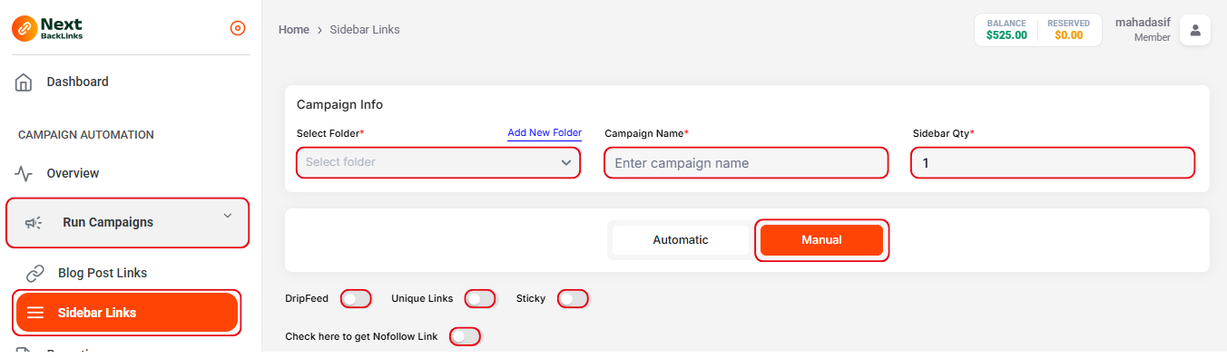 Sidebar Links — Manual Mode