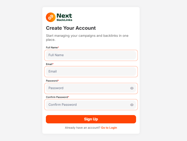 NextBacklinks sign up screen